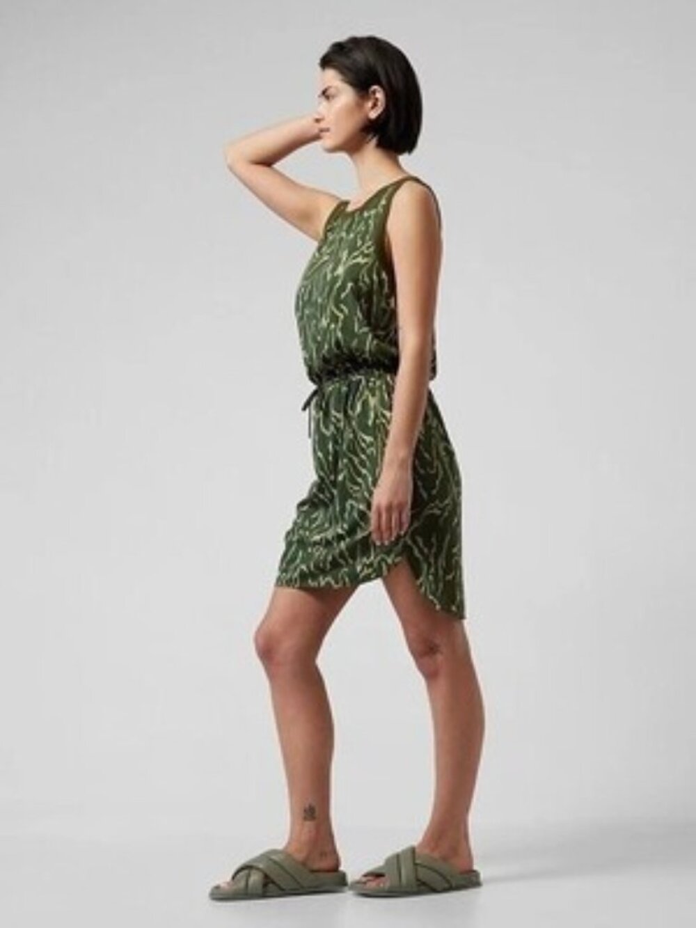 ATHLETA Rincon Printed Dress Voyage Eucalyptus Olive Green Petite Small